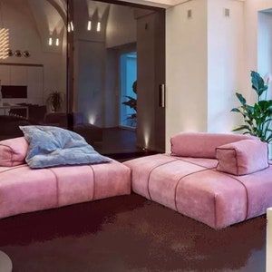 Floor Level Sofa, Pink Velvet Couch Living Room, Floor Couch Living Rooms, Japanese Floor Seating, Velvet Couch Living Room, Pink Velvet Couch, Cushion Bench, Japanese Futon, Floor Couch