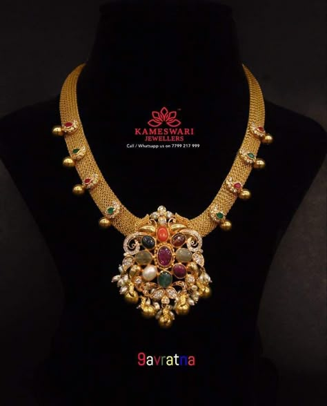 Navarathan Pendant, Navarathan Jewellers, Kante Indian Jewellery, Navratan Choker, Gold Jewelry Prom, Temple Jewellery Earrings, Antique Necklaces Design, Antique Gold Jewelry Indian, Fancy Jewelry Necklace