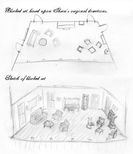 A block design of the set, and a sketch formed from the block design, as per the directives detailed above. Stage Set Design Drawing, Theatre Set Design Sketches, Stage Sketch Set Design, Set Design Sketches, House Set Design, Stage Sketch, Scenic Design Sketch, Theater Plan, Set Theatre