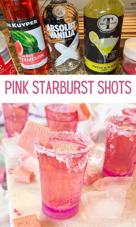 Pink Starburst Jello Shots Recipe, Starburst Shots Recipe, Cute Bar Drinks, Shots Made In Bulk, Shots That Taste Like Candy, Shots For Super Bowl, Strawberry Starburst Drink, Best Bar Drinks To Order, Hot Pink Alcoholic Drinks