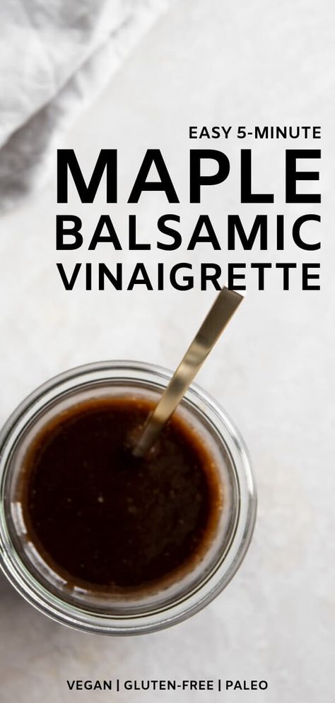 Elevate any salad with this healthy, homemade balsamic vinaigrette dressing.Made with a handful of real ingredients, including balsamic vinegar, extra-virgin olive oil, and Dijon mustard, this dressing is silky in texture with the perfect mix of tangy with a touch of sweetness. You can't go wrong with this versatile and tasty dressing. #balsamicdressing #healthydressing #vegandressing Maple Balsamic Vinaigrette, Dairy Free Salad, Dairy Free Salad Dressing, Maple Balsamic Dressing, Dairy Free Salads, Balsamic Vinaigrette Recipe, Homemade Balsamic Vinaigrette, Maple Balsamic, Dressing Salad