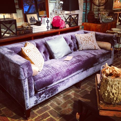 A Purple velvet couch is fabulous!  Soft peaches/ periwinkle and oranges look great with this color. Purple Velvet Couch, Purple Velvet Sofa, Velvet Sofa Living Room, Purple Couch, Purple Sofa, Velvet Furniture, Velvet Living Room, Purple Rooms, Velvet Couch