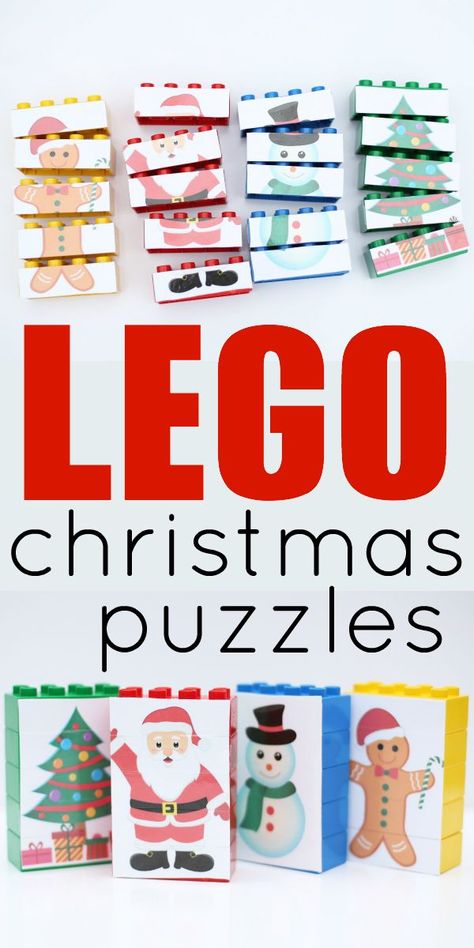 LEGO Christmas Puzzles with free printable characters!  Take them apart and put them together again, mix up the bodies, and have fun playing!  Perfect for toddlers, preschoolers, and even school-aged kids! Printable Characters, Christmas Puzzles, Christmas Activities For Toddlers, Diy Lego, Lego Christmas, Christmas Crafts For Toddlers, Lego Activities, Christmas Puzzle, Christmas Activity