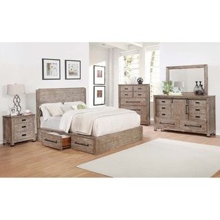 Each piece of this casual country style four-piece bedroom set comes in a rustic barn finish with wood grain highlights and dark accented drawer handles. The storage bed includes drawers on the side and a stylishly imposing headboard. The nightstand has three roomy drawers and a table top that accommodates a trendy table lamp and a photo or two. The dresser has profound storage capabilities with six smaller drawers, two large ones, and a cabinet that opens up to even more space. Pair it up with Upholstered Bedroom Set, Wooden Bedroom Furniture, Eastern King Bed, Wooden Bedroom, Dresser For Bedroom, Queen Panel Beds, Youth Bedroom, Cama King, Brown Bedroom