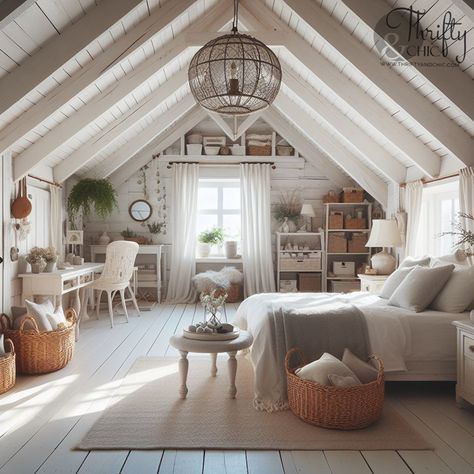 cottage bedroom decor, spring bedroom decorating ideas, cozy bedroom inspiration, cottagecore aesthetic, rustic bedroom decor, white wood paneling, lace and ruffles in bedroom decor, canopy bed styling, layered bedding and pillows, vintage bedroom decor, natural wood accents, floral wallpaper, potted plants in bedroom, cozy reading nook ideas, cottage style home decor, spring home decor trends, romantic bedroom ideas, soft lighting for bedrooms, and rustic chic bedroom decor. Bedroom Decor Canopy Bed, White Attic Bedroom, Charming Bedroom Ideas, Bedroom Decor White, Cottage Bedroom Decor, Layered Bedding, Cozy Cottage Bedroom, White Wood Paneling, Bedroom Decorating Tips