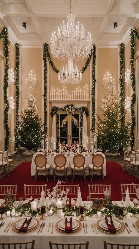 An elegant winter wedding with Christmas trees, chandeliers, and candles all around. Modern Winter Wedding Decor, Snowy Wedding Reception, London Christmas Wedding, Christmas Venue Decorations, Romantic Winter Wedding Decor, Classy Christmas Wedding, Christmas Wedding Ideas Elegant, Indoor Christmas Wedding, Christmas Lights Wedding