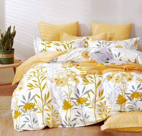 600 Thread Count Cotton Grey Branch with Yellow Flower & Grey Leaves Pattern Orange Reversible Comforter Set,Down Alternative Bedding Set 3Pcs(Queen, Yellow Botanical)😀 Modern Boho Bedroom, Blue Shades Colors, Floral Comforter Sets, Full Bedding Sets, Reversible Comforter, Twin Bed Sets, Cotton Bedding Sets, Reversible Duvet Covers, King Comforter