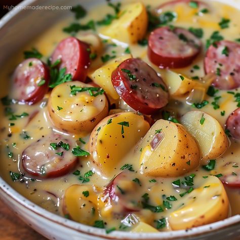 Hearty Kielbasa Potato Soup - Easy Recipe - My Home Made Recipe Kielbasa Sausage Soup Recipes, Cozy Kielbasa Soup, Polka Kielbasa Recipes Dinners, Kabasa Recipes Dinners Meals, Kielbasa And Potatoes Soup, Kielbasa Potato Soup Crock Pot, Kielbasa Breakfast Recipes, Potato And Kielbasa Soup, Kielbasa Soup Recipes