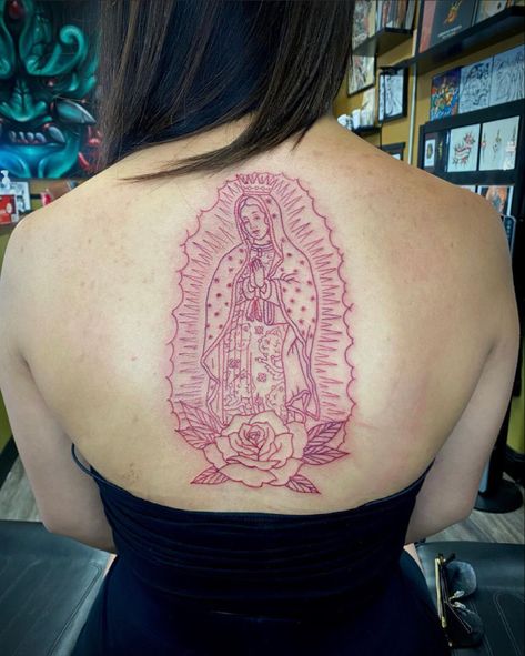 Back Tattoo Virgin Mary, Virgencita Back Tattoo, Virgencita Tattoo Women, Virgin Mary Back Tattoo Women, Virgen Mary Tattoo For Women, Mexican Tattoos For Women, Mary Back Tattoo, Our Lady Of Guadalupe Tattoo, Hispanic Tattoos For Women