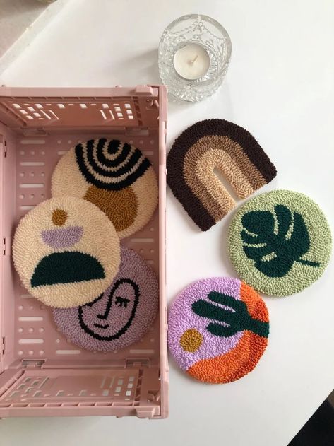 Needle Punch Coasters, Boho Punch Needle, Punch Needle Ideas Projects, Abstract Punch Needle, Punch Coaster, Coaster Rug, Punch Needle Coasters, Rug Coasters, Punch Needle Coaster