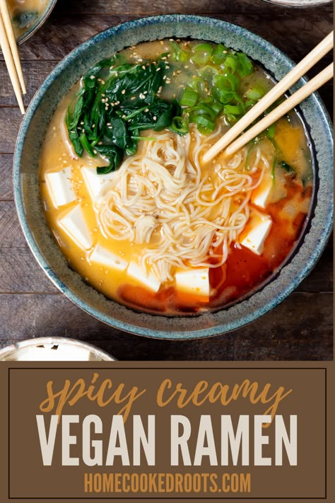 Vegan Green Chili Soup, Instant Pot Vegan Ramen, Tofu Ramen Soup, Spicy Vegetarian Ramen, Vegan Spicy Ramen, Spicy Vegan Soup, Vegan Asian Soup, Vegan Ramen Broth, Spinach Ramen