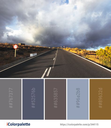 Color palette theme related to asphalt, cloud, highway, horizon, Image, infrastructure, lane, road, road trip, sky, woody plant, .  Download color palette as Pdf, Adobe swatch and more. Color Palette Theme, Sticker Inspiration, Color Pantone, Color Palette Ideas, Sky Images, Opposite Colors, Palette Ideas, Blue Palette, Road Design