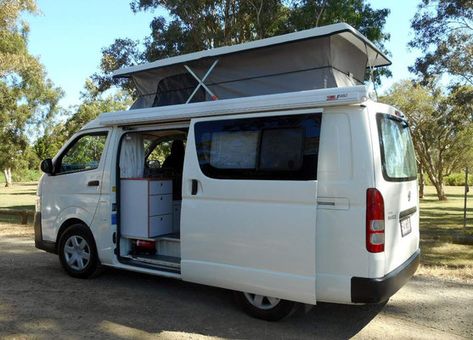 Hiace LWB Poptop - Southern Spirit Campervans- van builds & online shop L Shaped Beds, Toyota Hiace Campervan, Hiace Camper, Van Builds, Converted Bus, Van Life Diy, Bus Camper, Toyota Hiace, Campervan Conversions