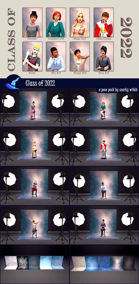 Class of 2022 Pose Pack & Photo Backdrop | SnarkyWitch en Patreon Sims 4 Yearbook Background, Sims 4 School Photo Pose, Sims 4 School Pictures Pose, The Sims 4 High School Years, Sims 4 Yearbook, Sims 4 Yearbook Poses, Sims 4 High School Poses, High School Years Sims 4, Sims 4 School Poses