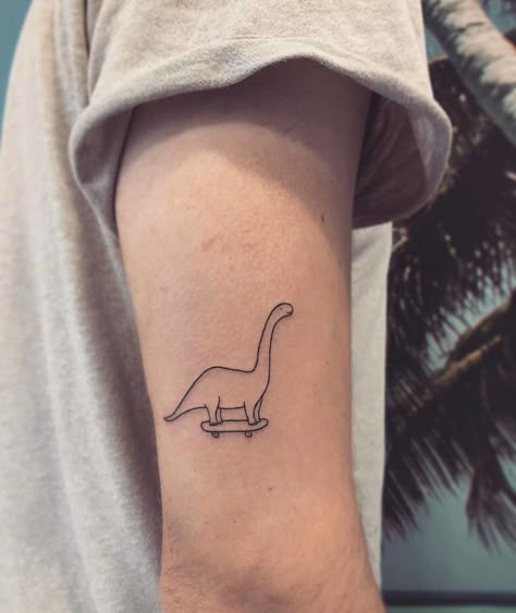 Dinosaur Cowboy Tattoo, Dino On A Skateboard Tattoo, Dinosaur On A Skateboard Tattoo, Silly Dinosaur Tattoo, Dinosaur Skateboarding Tattoo, Bronchiosaur Tattoo, Dinosaur With Cowboy Hat Tattoo, Funny Dinosaur Tattoo, Funny Small Tattoos For Women