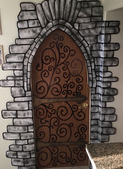 My own props- Halloween 2016- Harry Potter- Diagon Alley door... Could be used for Dungeon/ medieval/ castle Harry Potter Door, Keepers Of The Kingdom Vbs, Castle Vbs, Medieval Halloween, Keepers Of The Kingdom, Kingdom Vbs, Harry Potter Play, Harry Potter Diagon Alley, Medieval Door