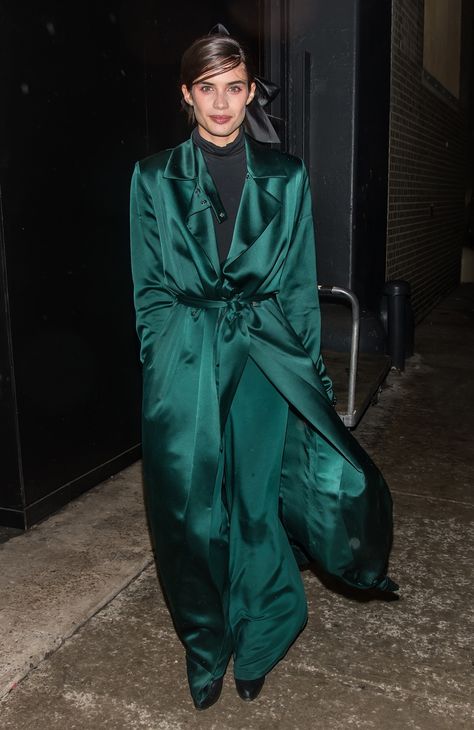 NEW YORK, NY - FEBRUARY 15: Model Sara Sampaio is seen leaving the Marchesa fashion show during, New York Fashion Week: The Shows at Gallery 2, Skylight Clarkson Sq on February 15, 2017 in New York City. (Photo by Gilbert Carrasquillo/GC Images) Silk Shirt Outfit, Marchesa Fashion, Model Off Duty Outfits, Satin Outfit, Evening Trousers, Satin Clothes, Satin Coat, Off Duty Outfits, Sara Sampaio