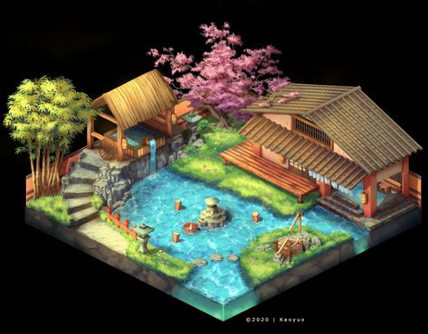 Isometric Game Art, Cottage Drawing, Isometric Game, Interior Concept Art, Japanese Onsen, Cottage Core Art, Japan Hotel, Japanese Style House, Teapot Design