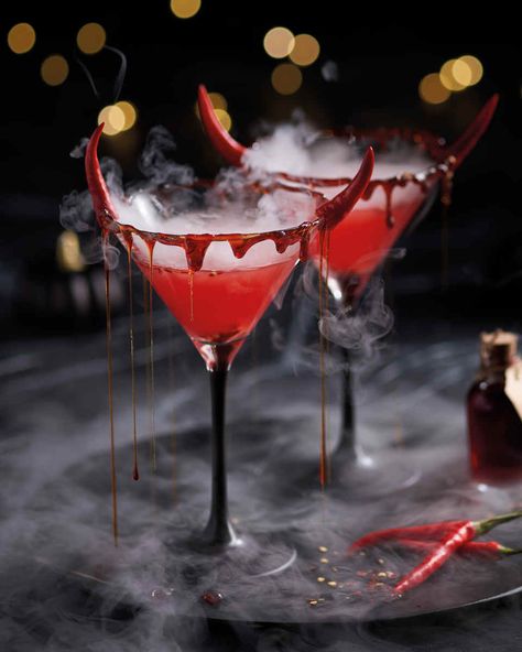 Red Devil Cocktail - ALDI UK Halloween Martini, Bacardi, Table Halloween, Drink Garnishing, Skillet Dishes, Halloween Cocktails, Red Food Coloring, Halloween Drinks, Red Food