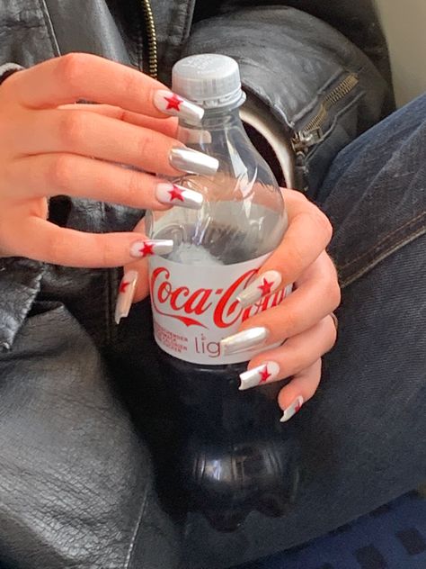 Nailspo red alien chrome nails star silver coke Coke Nails, Diet Coke Nails, Coca Cola Nails, Diet Coke, Chrome Nails, Red Nails, Halloween Makeup, Coca Cola, Nail Inspo