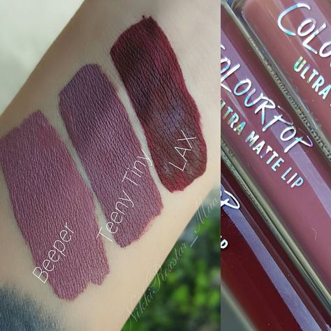 Beeper, Teeny Tiny, and LAX - Colourpop swatches Colourpop Lippie Stix Swatches, Nyx Lip Lingerie Swatches, Kvd Liquid Lipstick Swatches, Nyx Xxl Swatches, Nyx Lip Lingerie Xxl Swatches, Colourpop Cosmetics, Beauty Advice, Lip Brush, Beauty Hair Makeup