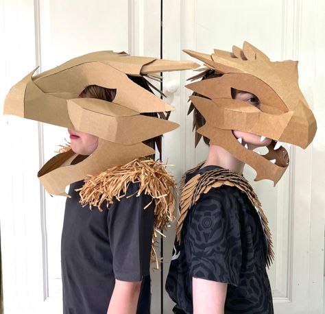 Cardboard Dragon Head, Cardboard Dragon, Diy Dragon Costume, Diy Dragon, Frankenstein Costume, Cardboard Costume, Space Costumes, Cardboard Mask, Dragon Heads