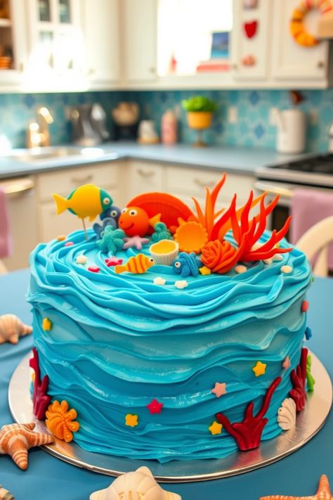 Get ready to have some fun with these 29 creative 8-inch round cake decorating ideas that are great for celebrating any occasion! Whether you're throwing a birthday party, hosting an anniversary gathering, or just wanting to bake something special for a loved one, an under the sea theme brings a splash of creativity to your baking. From stunning ocean wave designs to cute underwater creatures made with delicious frosting, these mouth-watering cake ideas will inspire you to whip up delightful treats your guests can't resist. Let's make waves in the kitchen! Sea Creatures Cake Ideas, Water Themed Birthday Party Cake, Cake Sea Ocean, Underwater Theme Decor, Birthday Cake Under The Sea, Ocean Theme Birthday Party Boy, Simple Under The Sea Cake, Birthday Cake Ocean Theme, Underwater Cake Ideas