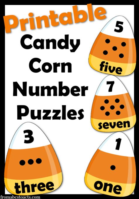 These are SO easy to use and lots of fun!!  Just print and cut into 3 pieces!  These printable candy corn number puzzles are perfect for preschoolers and kindergarteners that are learning their numbers! Candy Corn Math, Halloween Activities Preschool, Halloween Kindergarten, Hallowen Ideas, Preschool Fall, Fall Kindergarten, Halloween Classroom, Halloween Preschool, Halloween Math