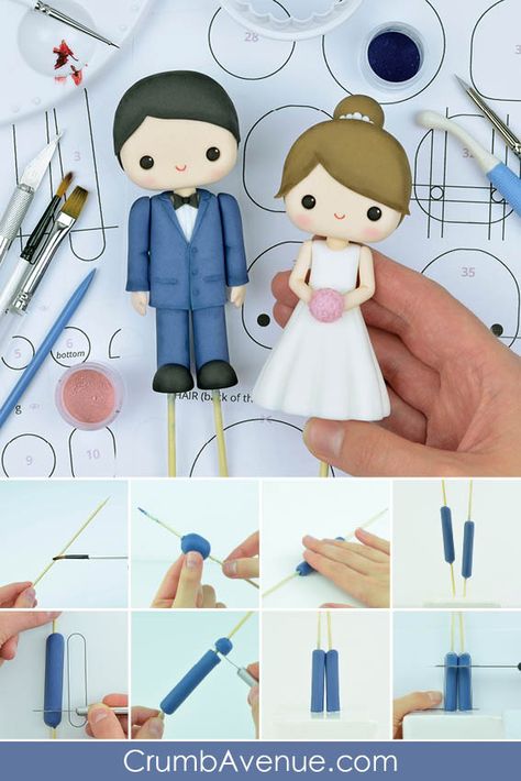 wedding, couple, bride, groom, man, woman, people, how to make, step by step, tutorial, templates, pattern, cute, suit, dress, love, cake topper, cake decorating, figure, figurine, fondant, gum paste, cake craft, sugar, edible, standing, Crumb Avenue, idea, inspiration, clay Fondant Person, Sugarpaste Cake, Kawaii People, Cookie Crafts, Easy Fondant, Polymer Clay People, Bride Cake Topper, Fondant People, Cute Bride