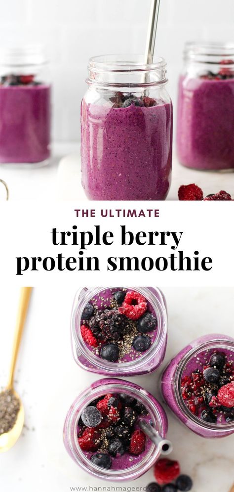 This Berry Protein Smoothie is a great healthy breakfast or snack when you need something quick, tasty and nutritious! Packed with antioxidants as well as fibre, protein, and healthy fat to keep you going. #berryproteinsmoothie #berrysmoothie #tripleberrysmoothie #proteinsmoothie #postworkout #healthybreakfast #healthysnack #smoothierecipe Protien Smoothies Recipes, Protein Smoothie Recipes Healthy, Protein Fruit Smoothie, High Protein Smoothie Recipes, Triple Berry Smoothie, Berry Protein Smoothie, Vegan Protein Smoothie, Protein Powder Smoothie, High Protein Smoothies