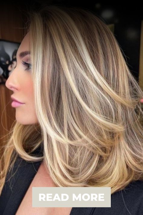 Chunky Golden Blonde Highlights and Brown Roots Chunky Highlight Lowlight, Thick Highlights Blonde, Blonde Hair With Lowlights And Highlights, Honey Golden Blonde Hair, Low Lights For Blonde Hair, Thick Highlights, Heavy Highlights, Blonde Hair With Dark Roots, Chunky Blonde Highlights