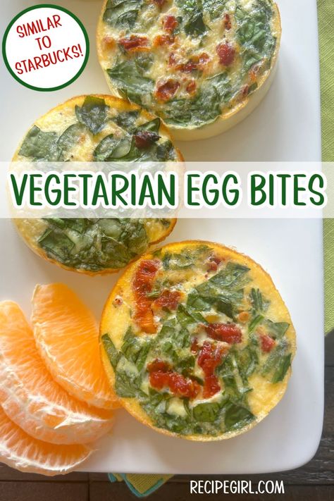 Vegetarian Egg Bites recipe from RecipeGirl.com - very similar to Starbucks egg bites Egg Bites Vegetarian, Vegetarian Egg Bites, Easy Make Ahead Breakfast, Starbucks Egg Bites, Egg Bites Recipe, Cheese Spinach, Diced Green Chilies, Manchego Cheese, Best Pans