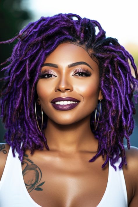 Add a twist to your faux loc hairstyle by incorporating ombre coloring with purple tips. This variation blends shades of purple into a base color creating an enchanting and glamorous look. Click here to check out more sizzling faux locs looks anyone can rock this year. Purple Locs Black Women, Purple Faux Locs, Tranças Faux Locs, Locs Black Women, Faux Loc, Hairstyle Tips, Purple Tips, Natural African American Hairstyles, Beautiful Dreadlocks