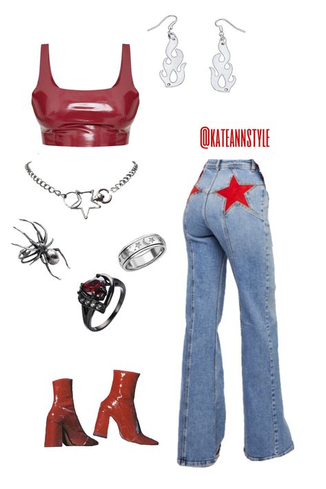 Star Jeans Outfit, Red Tank Top Outfit, It Girl Outfit, Inspi Outfit, Style Année 80, Cool Rings, Star Outfit, Fire Earrings, Spider Ring