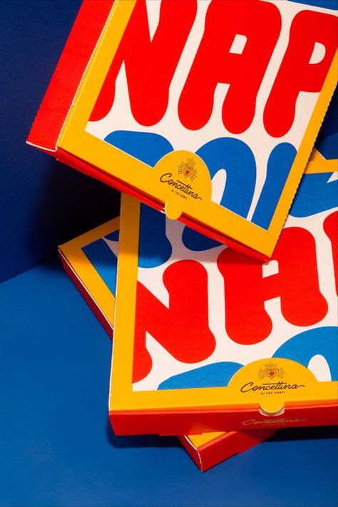 Pizzeria Concettina ai Tre Santi's Packaging Turns The Eatery Into A Pop Icon Italian Packaging Design, Pop Art Packaging, Cartoon Restaurant, Cafe Cartoon, Pop Branding, Typography System, Pop Packaging, Restaurant Packaging, Pizza Packaging