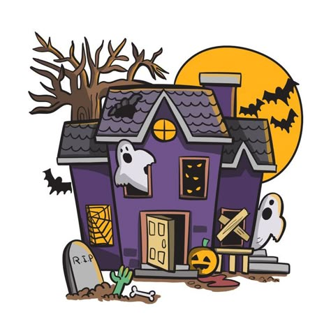 Haunted old house with ghosts illustration Cute Haunted House Illustration, Halloween Illustrations Cute, Cartoon Haunted House Drawing, Halloween House Illustration, Halloween House Drawing, Haunted House Cartoon, Haunted House Illustration, Ghosts Illustration, Easy Haunted House