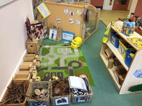 Nursery Construction Area, Loose Parts Construction Area, Nursery Construction Area Ideas, Eyfs Construction Area, Construction Area Early Years, Construction Area Ideas, Small Nursery Organization, Nursery Set Up, Transportation Nursery