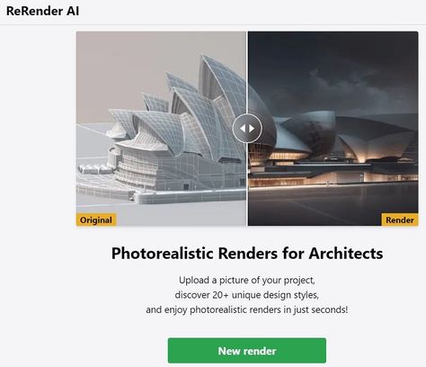 ReRender AI is a free website that enables Architects and Designers to effortlessly transform their projects using AI into awesome architectural spectacles that can only be visualized in one’s dreams. The post Generate Photorealistic Renders from Architecture Designs Online: ReRender AI appeared first on I Love Free Software. Rendering Tips, Render Image, Furniture Website, Architecture Rendering, Love Free, Apartment Complexes, Free Software, Dream Design, Love Is Free