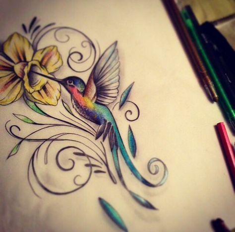 Humming Bird and flower tattoo Hummingbird Flower Tattoos, Bird And Flower Tattoo, Daffodil Tattoo, Tattoo Bird, Cat Tattoos, Flower Tattoo Sleeve, Tiny Tattoo, Hummingbird Tattoo, Bird Tattoo