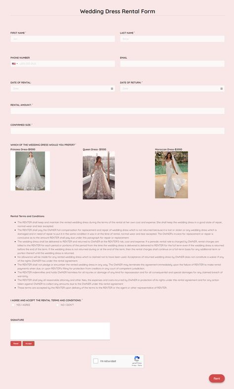 Get started with this wedding dress rental form by sharing it on your website or social media pages. Wedding Dress Rental Business, Free Wedding Dress, Gown Rental, Rental Agreement Templates, Rental Wedding Dresses, Rental Business, Rent Dresses, Social Media Planning, Form Template