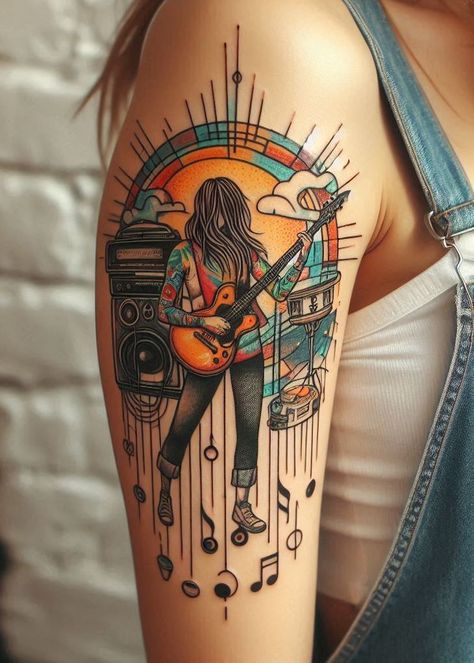 For the love of music and art, explore these abstract tattoos that blend rhythm and creativity in perfect harmony. Soul Music Tattoo, Playing Guitar Tattoo, Tattoos Guitar, Music Inspired Tattoos, Musical Tattoos, Girl Playing Guitar, Soul Tattoo, Abstract Tattoos, Guitar Tattoo