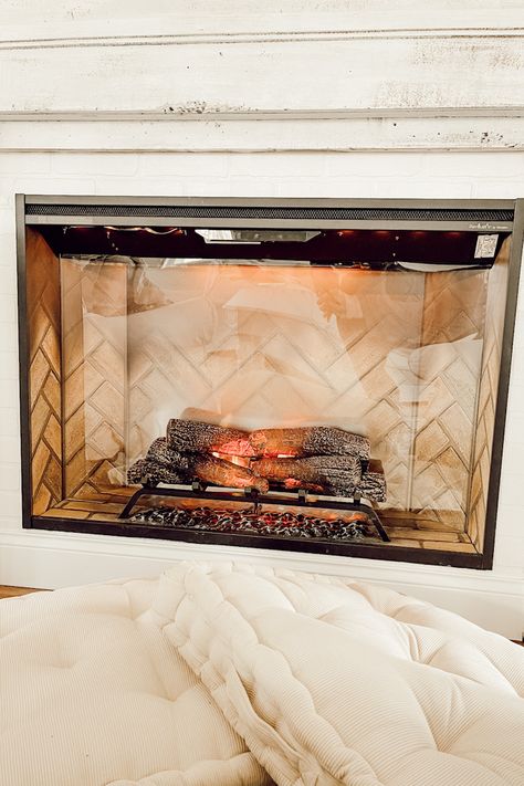 Has Fireplace Inserts, Electric Fireplace With Logs, Wood Burning To Electric Fireplace, Electric Insert In Old Fireplace, Antique Electric Fireplace, Brick Fireplace With Electric Insert, Fireplace Insert With Mantle, Elctric Fireplace, Fireplace Decor Brick