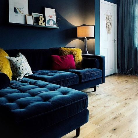 This amazing living room belongs to @porter_and_porter and features our Carluccio corner sofa in navy blue velvet. We love the matching dark blue walls and pops of colour. #Regram via @barkerandstonehouse Dark Blue Sofa, Blue Sofa Living, Blue Sofas Living Room, Blue Couch, Dark Blue Walls, Beautiful Sofas, Blue Sofa, Blue Living Room, Decoration Inspiration