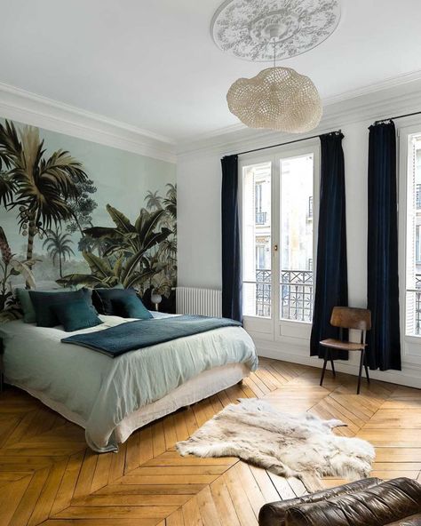 20 Dreamy Parisian Bedrooms.  1. Jungle wall mural Parisian Style Bedrooms, Parisian Bedroom Decor, Parisian Bedroom, French Headboard, Green Accent Walls, Parisian Decor, Paris Bedroom, White Bed Set, Paris Decor