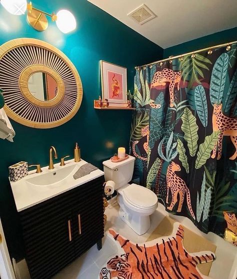 Kids Bathroom Decor Ideas, Tropical Shower Curtain, Jungle Bathroom, Teal Bathroom Ideas, Kids Bathroom Decor, Fancy Bathroom, Kid Bathroom Decor, Teal Bathroom, Tropical Bathroom