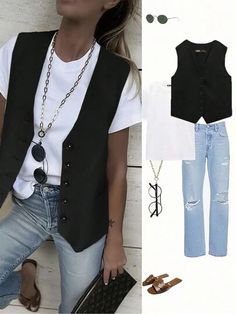 Casual Black Vest Outfit Women, Black Vest For Women, Black Dress Vest Outfits For Women, Outfit Ideas With Black Vest, Black Denim Vest Outfits For Women, Vest Fall Outfits For Women, Dressy Vest Outfits, Black Button Up Vest Outfit, Black Vest Outfits For Women Casual