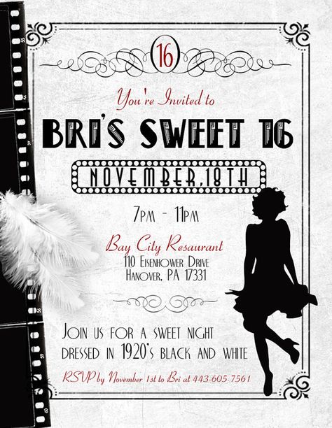 Birthday Invite Idea. I could definitely use for my sweet 16. Hollywood Black And White, Birthday Invitations Ideas, Hollywood Sweet 16, Old Hollywood Party, Teen Birthday Invitations, Old Hollywood Theme, Hollywood Birthday Parties, Hollywood Birthday, Hollywood Party Theme