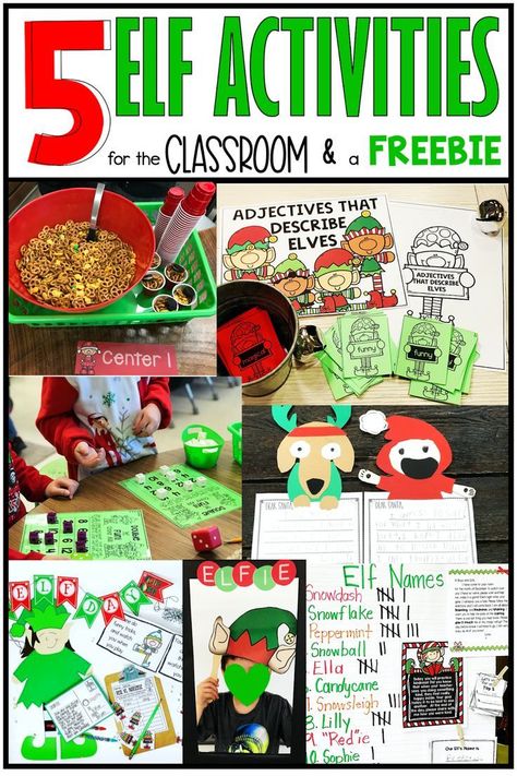 Five Fun Elf Activities f1or the Classroom & a Freebie These 5 fun elf activities will bring your classroom to life the month of December. Students will work on spreading kindness when the elf… More Elf Day Activities Preschool, Classroom Kindness Elf, Elf Day Activities Kindergarten, Elf Activities For Kids Classroom, Elf Day Activities, Elf Snacks For Kids, How To Catch An Elf Activities, Elf Games For Kids, Elf Day At School Outfit