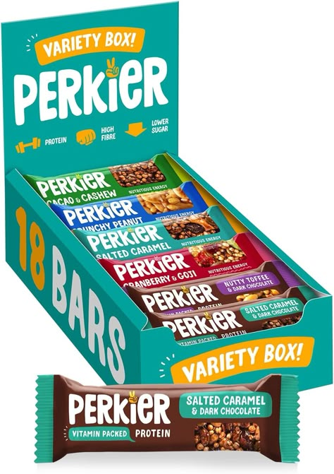 Perkier Variety Box – six different flavours including Salted Caramel & Dark Chocolate, Crunchy Peanut and Cranberry & Goji (flavours may vary) All Natural Ingredients – tasty vegan nut bars with no artificial preservatives, sweeteners colours or flavours and no added sugar! Protein & High Fibre snack – great healthy alternative to biscuits and chocolate. Suitable for on-the-go, post-workout, lunchboxes or guilt-free morning or afternoon snacks Healthy & Tasty – gluten free Snack Bar Packaging Design, Millet Bars, Healthy Snack Brands, Protein Bar Packaging, Healthy Food Packaging, Chocolate Bar Brands, Clif Bar, High Fiber Snacks, Fiber Snacks