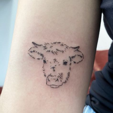 Cow And Bull Tattoo, Cool Cow Tattoo, Cow Tattoo Small Cute, Cow Tattoo Aesthetic, Cows Tattoo Ideas, Minimal Cow Tattoo, Tiny Cow Tattoo Minimalist, Highland Cow Outline Tattoo, Simple Highland Cow Drawing